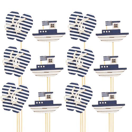 Artículo Estaca de Jardín Chanclas Marítimas de Madera Barco Azul Blanco 8cm 12uds