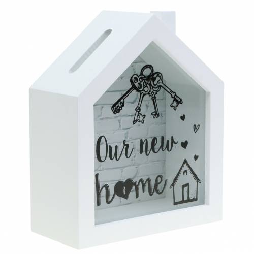 Floristik24 Caja de ahorro "Our New Home" madera vidrio blanco 15x7cm H18cm