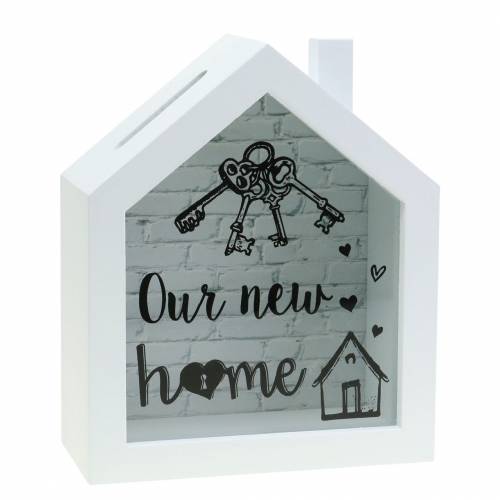 Floristik24 Caja de ahorro &quot;Our New Home&quot; madera vidrio blanco 15x7cm H18cm