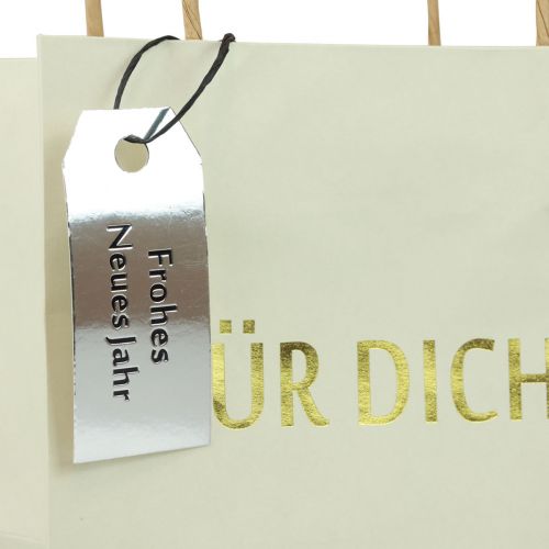Artículo Etiqueta de regalo "Feliz Año Nuevo" plateada 8×3,5cm 50ud
