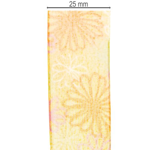 Artículo Cinta de regalo, cinta de organza floral, amarillo/naranja, 25 mm x 18 m