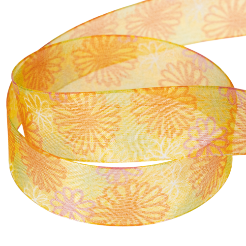 Artículo Cinta de regalo, cinta de organza floral, amarillo/naranja, 25 mm x 18 m