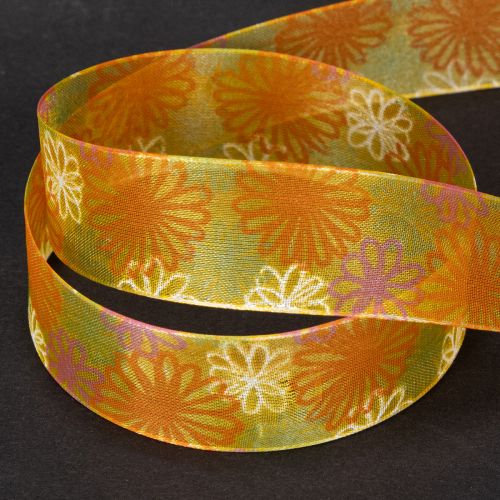 Artículo Cinta de regalo, cinta de organza floral, amarillo/naranja, 25 mm x 18 m