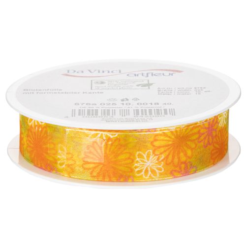 Artículo Cinta de regalo, cinta de organza floral, amarillo/naranja, 25 mm x 18 m