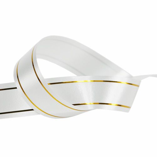 Artículo Cinta de regalo 2 franjas doradas sobre blanco 19mm 100m