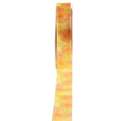 Artículo Cinta de regalo flores cinta de organza amarillo naranja 25mm 18m
