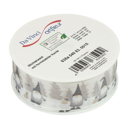 Artículo Cinta de regalo, cinta navideña, cinta navideña gnomo gris 40mm 15m
