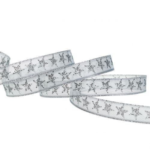 Floristik24 Cinta de regalo con estrellas gris, plata 15mm 20m