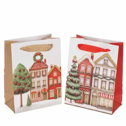 Bolsa de regalo navideña con casitas y árbol de Navidad, 16 cm, 2 unidades