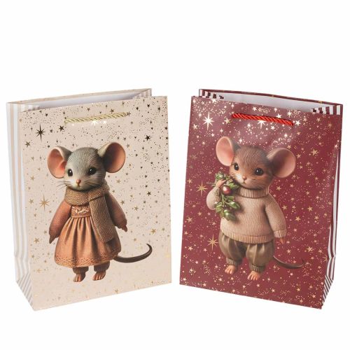 Bolsa de regalo con motivo de ratón y estrellas para Navidad, 24 cm, 2 unidades