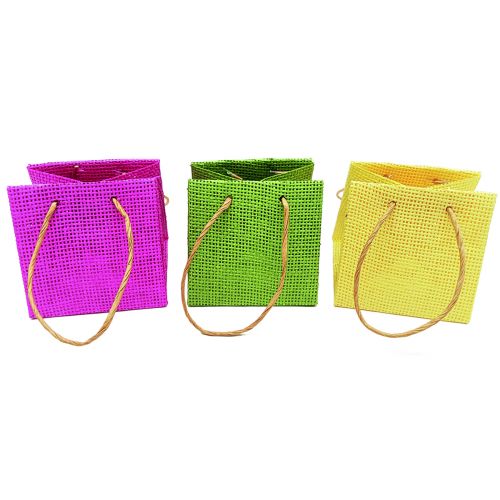 Bolsas de regalo con asas papel rosa amarillo verde aspecto textil 10,5cm 12ud