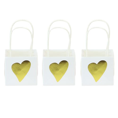Bolsas de regalo con corazones y asas oro blanco 10,5cm 12ud
