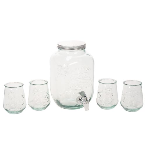 Dispensador de bebidas de vidrio reciclado con grifo y 4 vasos, 25,5 cm
