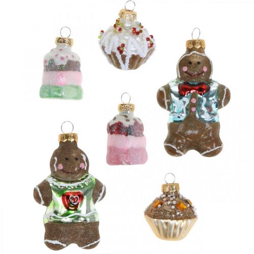Colgantes de vidrio hombre de jengibre y magdalenas, mezcla de decoraciones para árboles de Navidad, panadería navideña H4 / 8cm vidrio real 6pcs