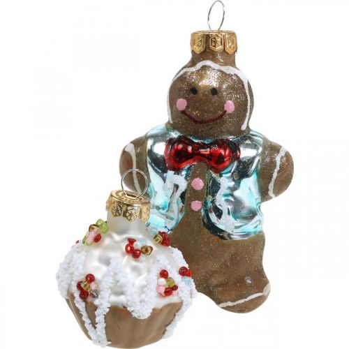 Floristik24 Colgantes de vidrio hombre de jengibre y magdalenas, mezcla de decoraciones para árboles de Navidad, panadería navideña H4 / 8cm vidrio real 6pcs