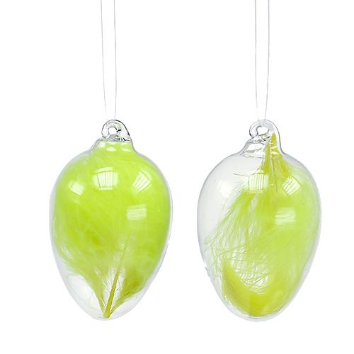 Floristik24 Huevo de vidrio con plumas para colgar 6.5cm verde claro 6pcs