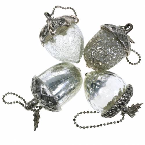 Floristik24 Adornos navideños bellota para colgar metal cristal plata 7cm 4pcs