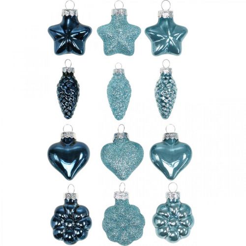 Floristik24 Mini adornos para árboles de Navidad mezcla de vidrio azul, brillo surtido 4cm 12pcs