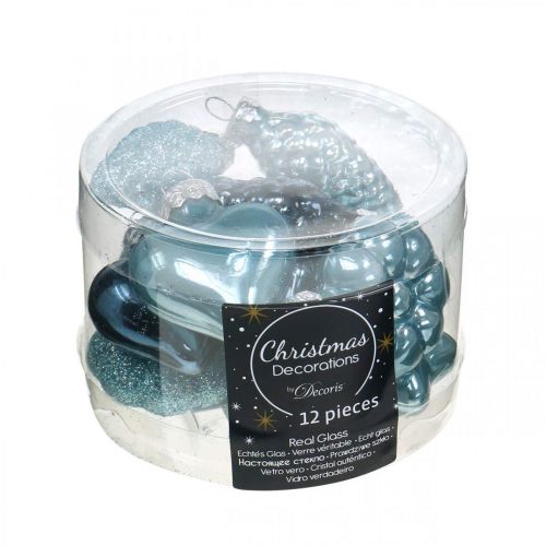 Floristik24 Mini adornos para árboles de Navidad mezcla de vidrio azul, brillo surtido 4cm 12pcs