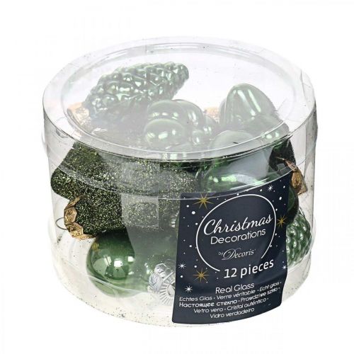 Floristik24 Mini adornos para árboles de Navidad mezcla de vidrio verde adornos navideños surtidos 4 cm 12 piezas