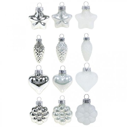 Floristik24 Mini adornos para árboles de Navidad mezcla de vidrio blanco, plateado surtido 4cm 12pcs