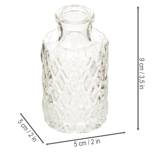 Mini jarrón de cristal con estampado de rombos, jarrón pequeño de mesa, botella, transparente, 9 cm, 6 piezas | Floristik24.es