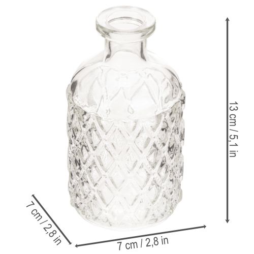 Botella de vidrio con diseño de rombos, botella decorativa, jarrón, pequeña, 13 cm, 6 piezas | Floristik24.es