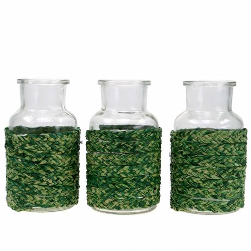 Floristik24 Botella de vidrio con rafia verde H12.5cm 3pcs