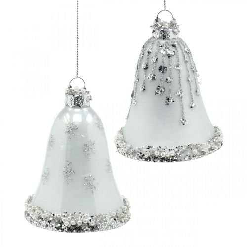 Floristik24 Campanas de Navidad, decoraciones para árboles de Navidad, campanas de vidrio Ø6.5cm H8cm blanco juego de 2