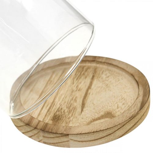 Artículo Campana decorativa, cúpula de cristal con placa de madera, decoración de mesa H16cm Ø12.5cm