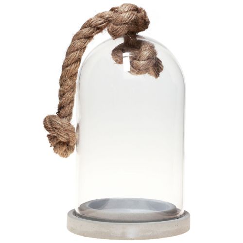 Artículo Campana de cristal con placa aspecto hormigón y cuerda Ø17cm H28cm