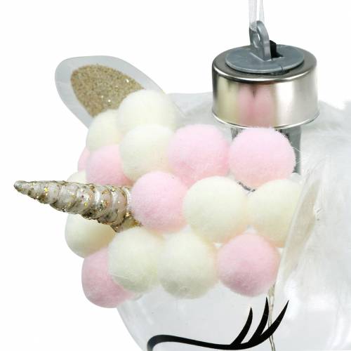 Floristik24 Bola de Navidad unicornio con cadena de luz LED colores caramelo, vidrio transparente, pompón Ø8cm Para pilas
