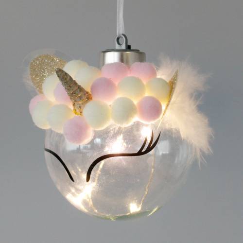 Floristik24 Bola de Navidad unicornio con cadena de luz LED colores caramelo, vidrio transparente, pompón Ø8cm Para pilas