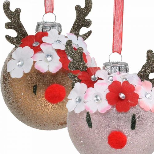 Artículo Bola de árbol de navidad, reno con corona de flores, decoración de adviento, decoración de árbol marrón, rosa vidrio real Ø8cm 2pcs