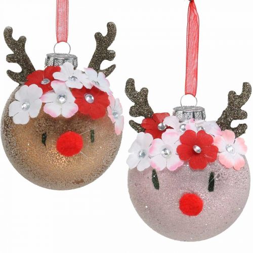 Floristik24 Bola de árbol de navidad, reno con corona de flores, decoración de adviento, decoración de árbol marrón, rosa vidrio real Ø8cm 2pcs