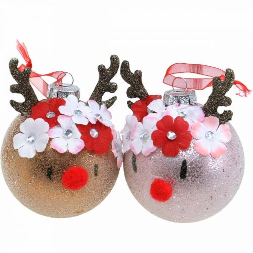 Floristik24 Bola de árbol de navidad, reno con corona de flores, decoración de adviento, decoración de árbol marrón, rosa vidrio real Ø8cm 2pcs