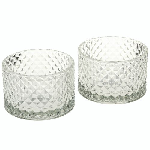 Artículo Portavelas de cristal con forma de cuenco, estilo retro, con forma de diamante, transparente, diámetro 10,5 cm, 2 unidades