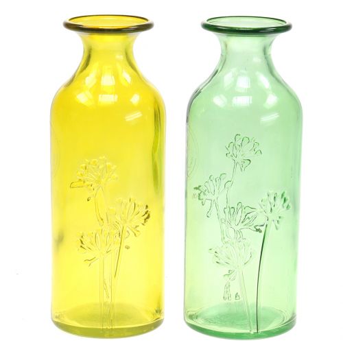 Florero de vidrio botella amarillo, verde H19cm 2ud