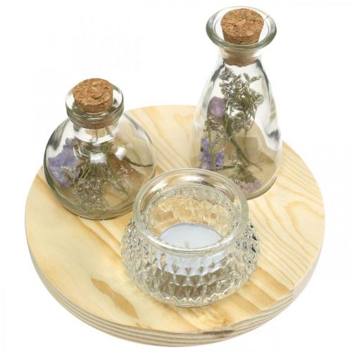 Floristik24 Jarrón sobre bandeja de madera, decoración de mesa con flores secas, farol natural, transparente Ø18cm