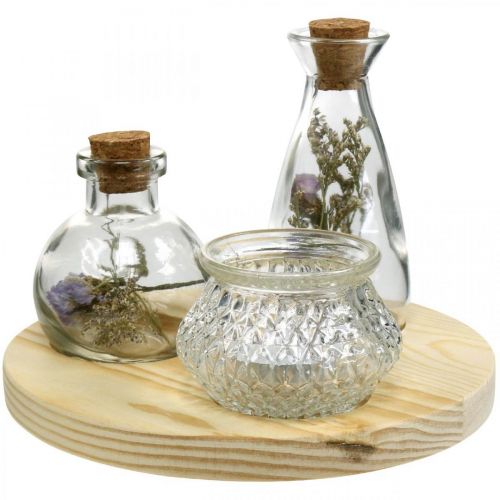 Floristik24 Jarrón sobre bandeja de madera, decoración de mesa con flores secas, farol natural, transparente Ø18cm