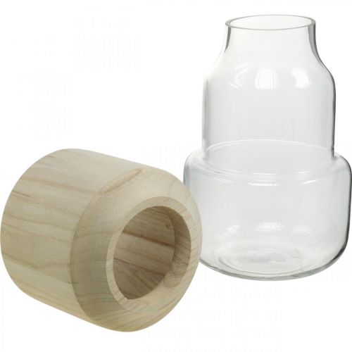 Floristik24 Jarrón de cristal con jarrón decorativo de madera para floristería seca Al. 20 cm