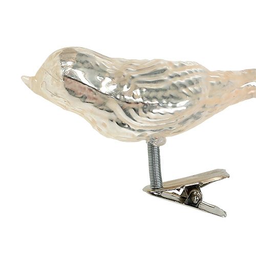 Artículo Pájaro de cristal en clip crema 7.5cm 3pcs