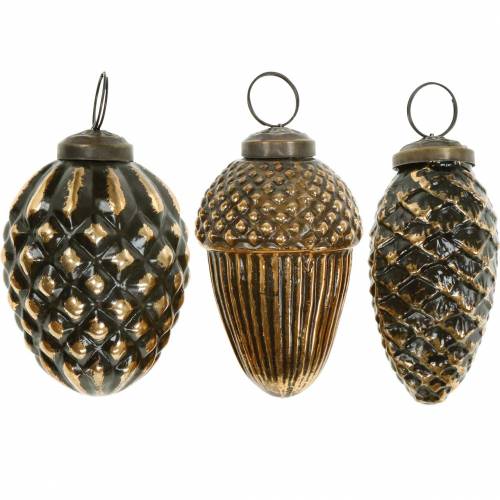Floristik24 Bellotas y conos para colgar marrón, vidrio dorado 8.5cm 3 piezas en un juego