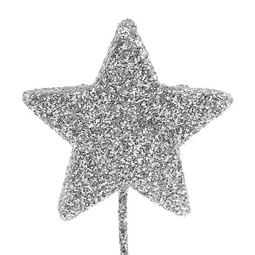 Floristik24 Estrella de purpurina plateada 4cm con alambre 60pcs