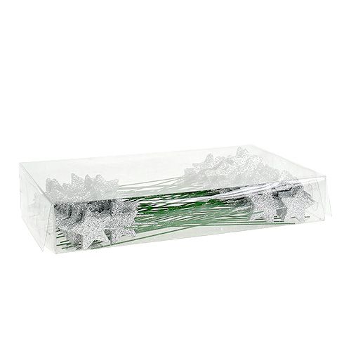 Floristik24 Estrella de purpurina plateada 4cm con alambre 60pcs