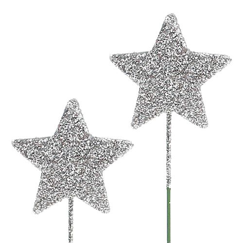 Floristik24 Glitter star silver 5cm en el cable L22cm 48pcs