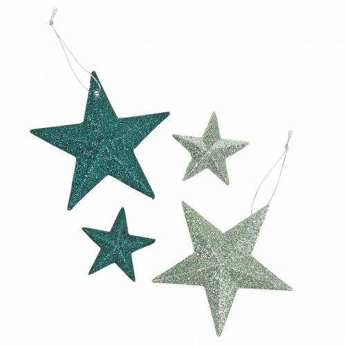 Artículo Juego de estrellas con purpurina colgador decorativo y decoración dispersa esmeralda, verde claro 9cm/5cm 18 piezas