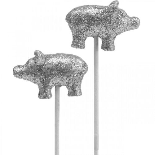 Floristik24 Cerdo de la suerte Nochevieja amuleto de la suerte en un palo plata 3cm 6pcs