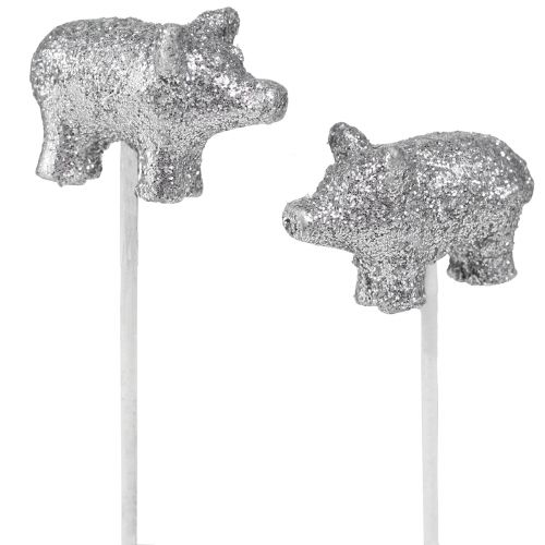 Artículo Cerdo de la suerte Nochevieja amuleto de la suerte en un palo plata 3cm 6pcs