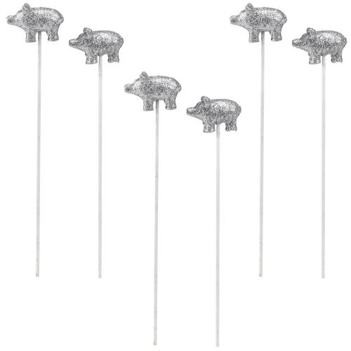 Artículo Cerdo de la suerte Nochevieja amuleto de la suerte en un palo plata 3cm 6pcs